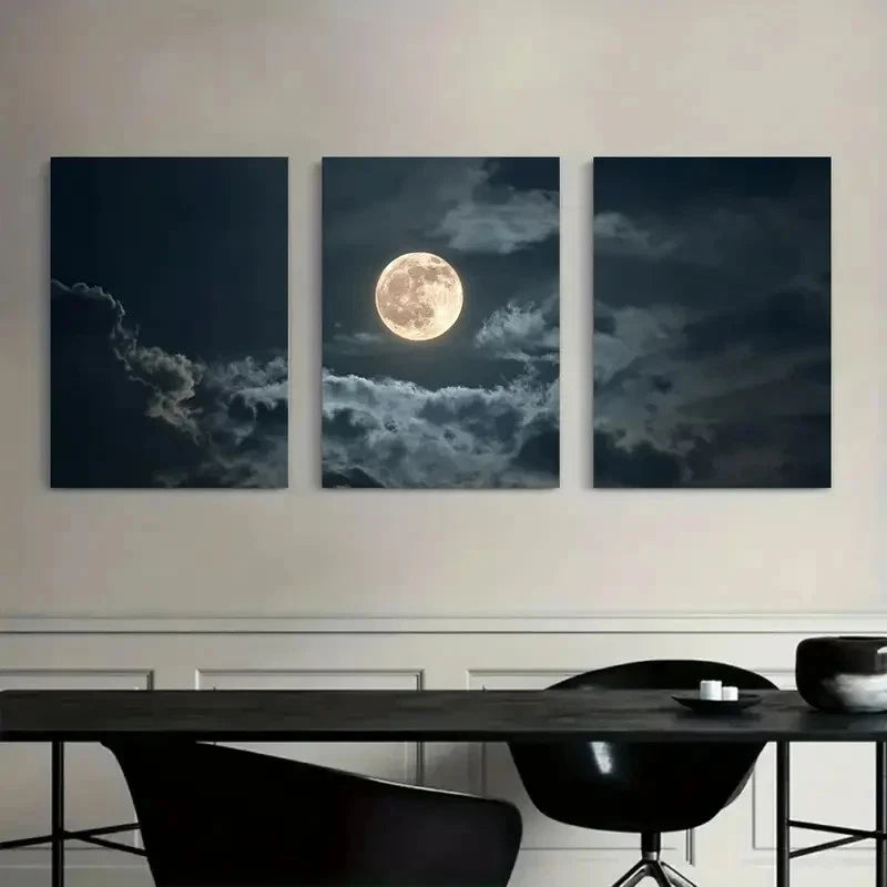 3pcs Full Moon with Clouds Drifting Painting Metal Print Ready to Hang Art