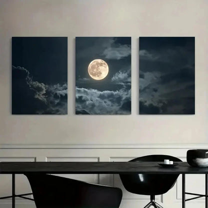 3pcs Full Moon with Clouds Drifting Painting Metal Print Ready to Hang Art