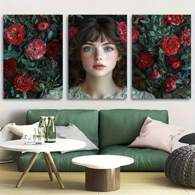 3pcs Persephone with Red Florals and Leaves Design Metal Print Ready to Hang Art