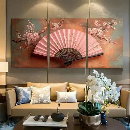 3pcs Pink Hand Fan Chinoiserie Design Metal Print Ready to Hang Art