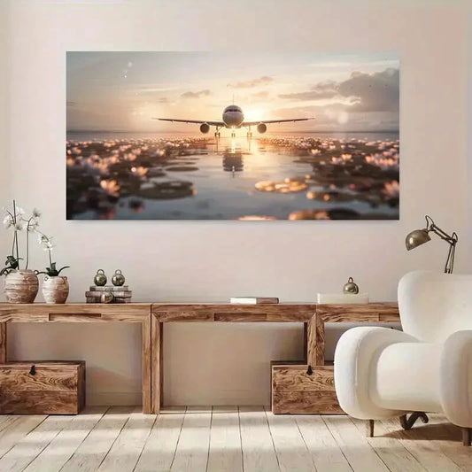 Sunset Over Lake Airplane wall canvas office home room framed 120x60cm