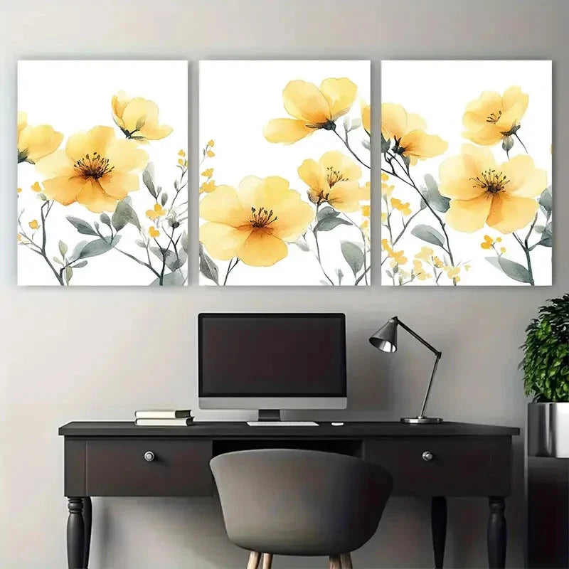 3pcs Delicate Yellow Flowers Watercolor Design Metal Print Ready to Hang Art