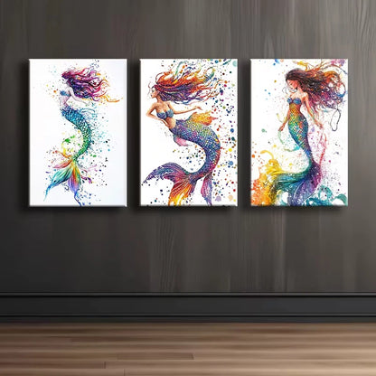 3pcs Vibrant Mermaid Watercolor Wall Art Set Canvas Framed 50x70cm - High Quality Print 100% Australian Made Wall Canvas Ready to Hang
