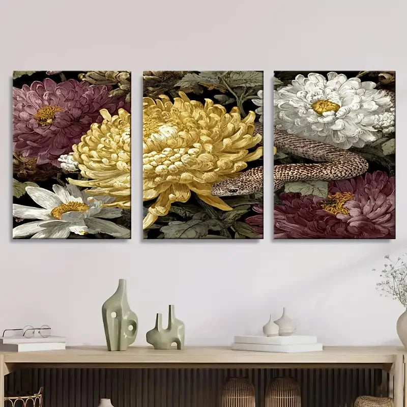 3pcs Vibrant Python & Chrysanthemum Flowers Wall Art Set Canvas Framed 40x60cm - High Quality Print 100% Australian Made Wall Canvas Ready to Hang