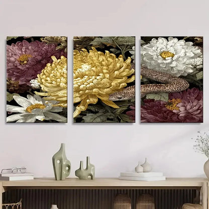 3pcs Vibrant Python & Chrysanthemum Flowers Wall Art Set Canvas Framed 40x60cm - High Quality Print 100% Australian Made Wall Canvas Ready to Hang