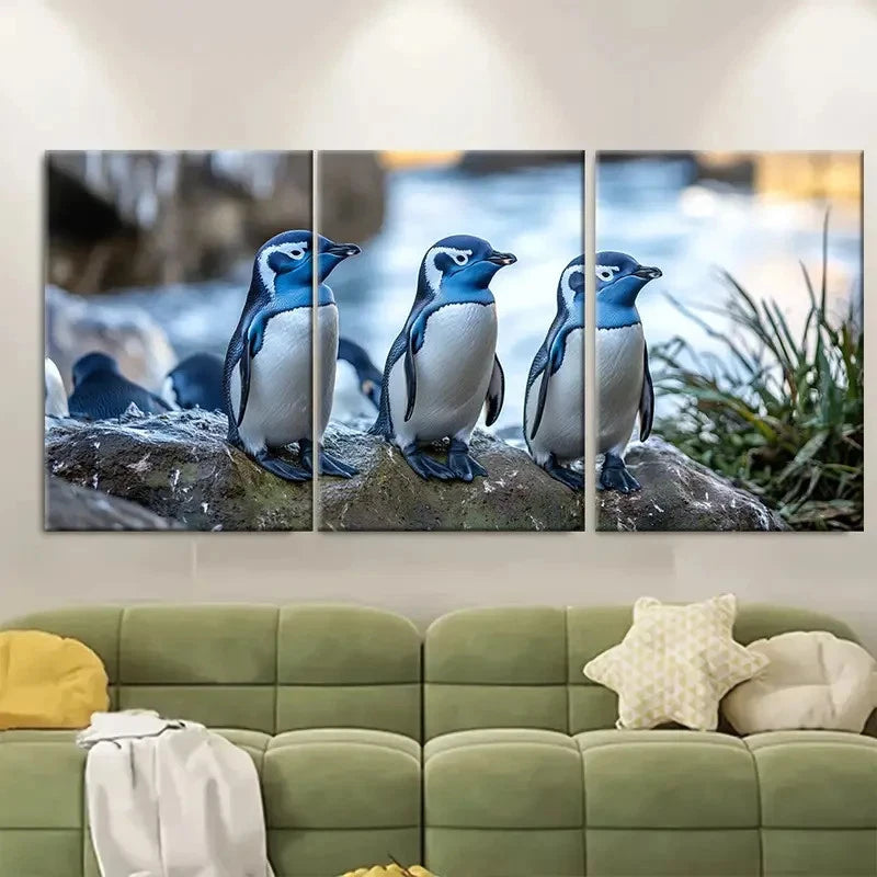 3pcs Blue Penguin Colony Oamaru Wall Art Set Canvas Framed 50x70cm - High Quality Print 100% Australian Made Wall Canvas Ready to Hang