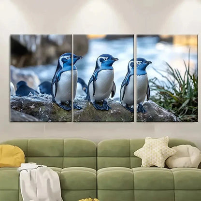 3pcs Blue Penguin Colony Oamaru Wall Art Set Canvas Framed 50x70cm - High Quality Print 100% Australian Made Wall Canvas Ready to Hang