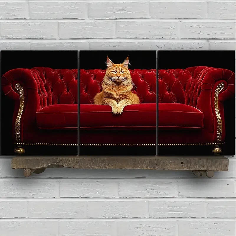 3pcs The Cute Cat on the Red Sofa Metal Print Ready to Hang Art
