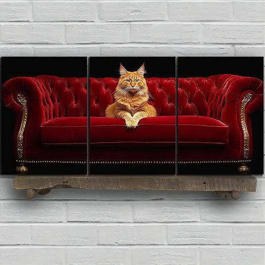 3pcs The Cute Cat on the Red Sofa Metal Print Ready to Hang Art