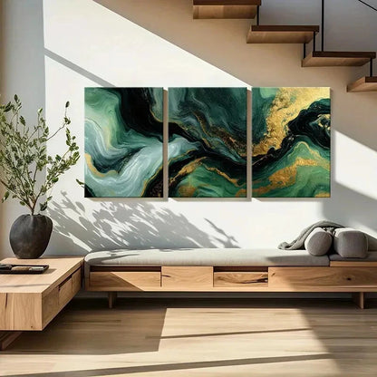 3pcs Teal & Golden Abstract Modern Marble Design Metal Print Ready to Hang Art