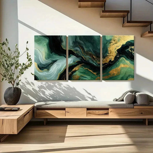 3pcs Teal & Golden Abstract Modern Marble Design Metal Print Ready to Hang Art