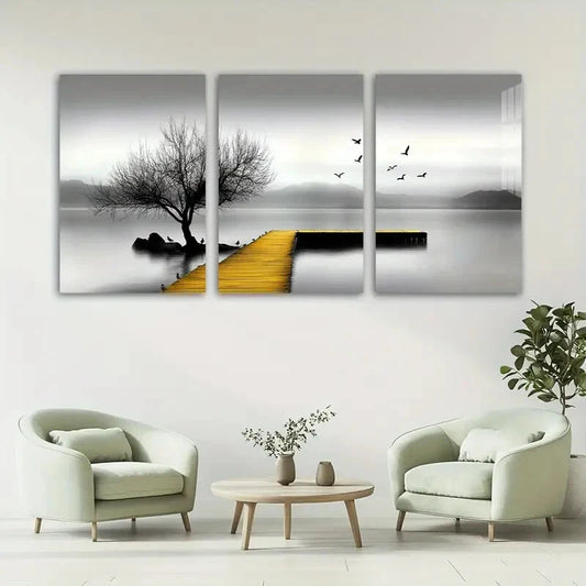 3pcs Seaside Birds and Trees Golden Black Metal Print Ready to Hang Art