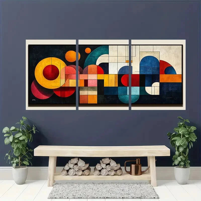 3pcs Colorful Geometric Abstract Mid-Century Metal Print Ready to Hang Art