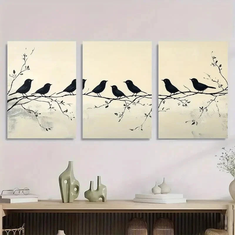 3pcs Black Birds on Branch Minimalist Metal Print Ready to Hang Art