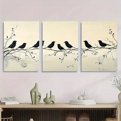3pcs Black Birds on Branch Minimalist Metal Print Ready to Hang Art