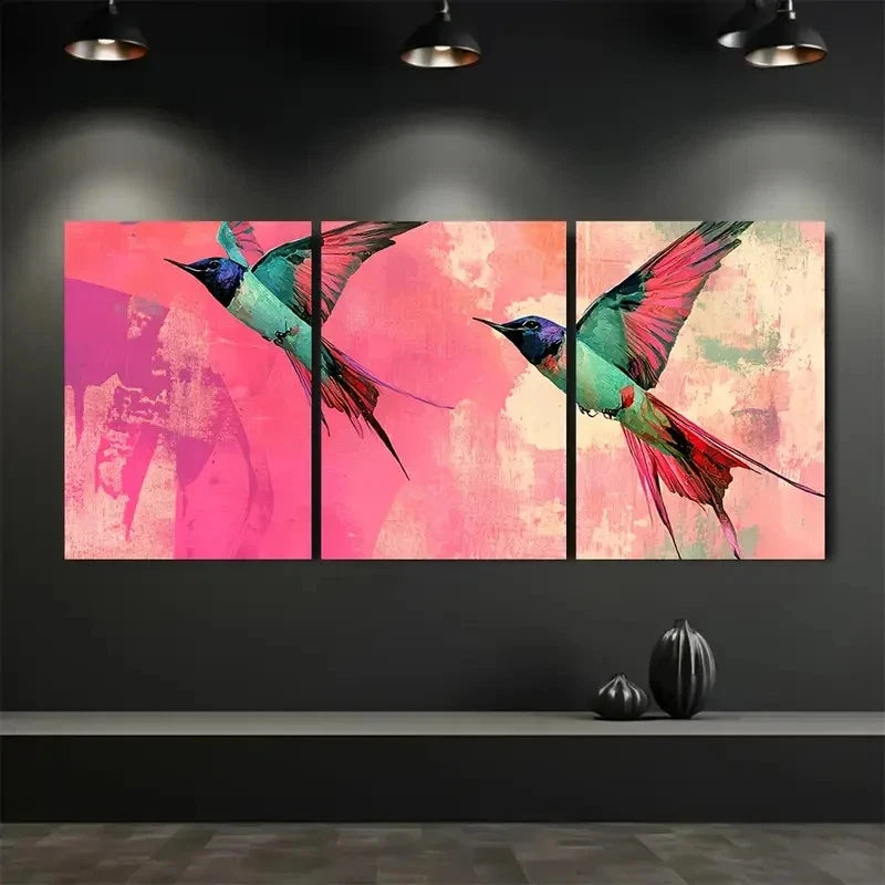 3pcs Artistic Collage of Swallows Flying Fuchsia Metal Print Ready to Hang Art