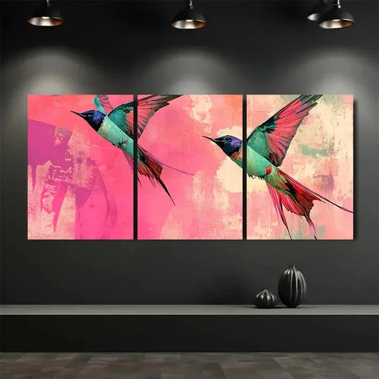 3pcs Artistic Collage of Swallows Flying Fuchsia Metal Print Ready to Hang Art