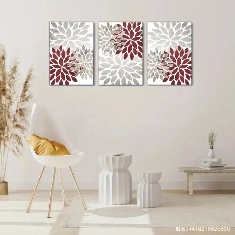 3pcs Burgundy Red Grey Farmhouse Wall Decor Metal Print Ready to Hang Art