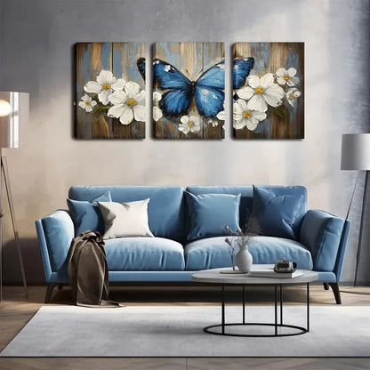 3pcs Blooming Flowers & Blue Butterfly Perfect Wall Art Set Canvas Framed 40x60cm - High Quality Print 100% Australian Made Wall Canvas Ready to Hang