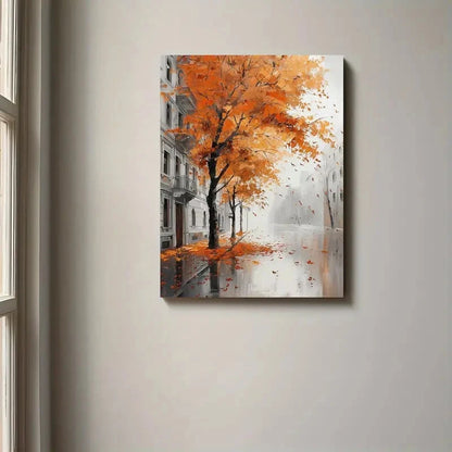 Painting of an autumn scene with trees and buildings on a wall.