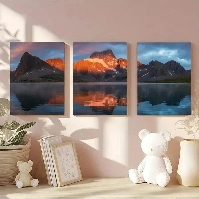 3pcs Snowy Mountains Golden Reflection Painting Metal Print Ready to Hang Art