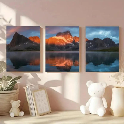 3pcs Snowy Mountains Golden Reflection Painting Metal Print Ready to Hang Art