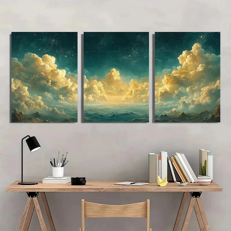 3pcs Serene Night Sky & Clouds Panoramic Metal Print Ready to Hang Art