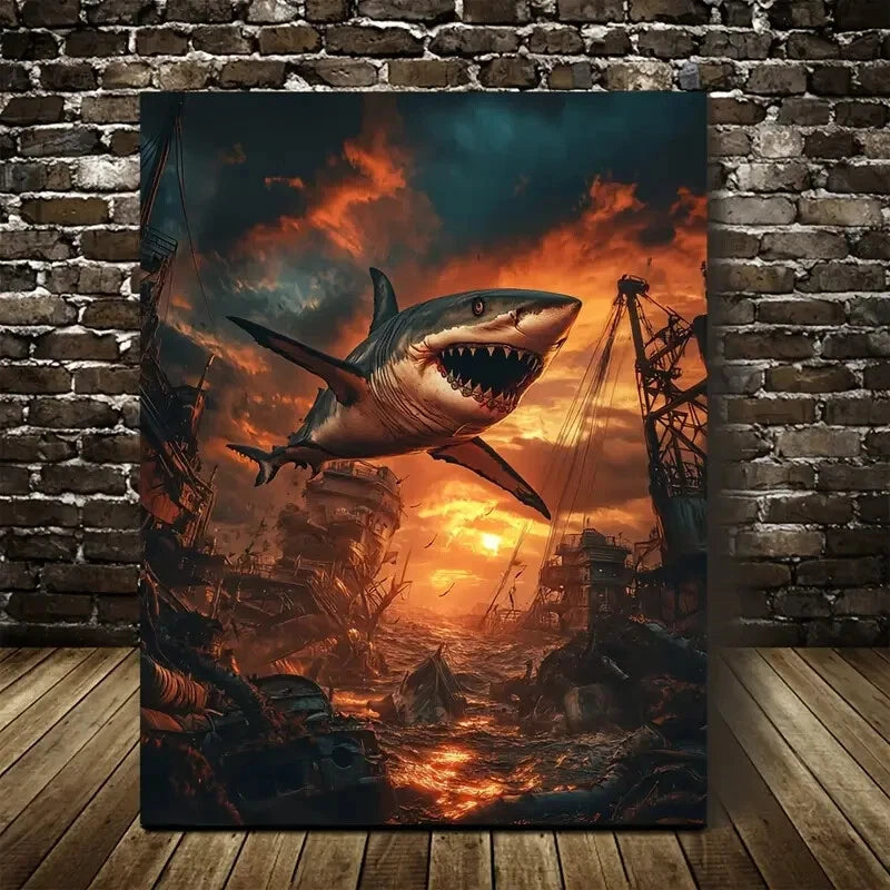 Steampunk Shark Wrestling Glowing Sunset Sky Painting 40x60cm Metal Print Ready to Hang