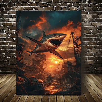 Steampunk Shark Wrestling Glowing Sunset Sky Painting 40x60cm Metal Print Ready to Hang