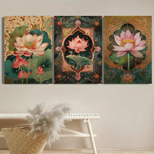 3pcs Vintage for Lotus Pattern Painting Metal Print Ready to Hang Art