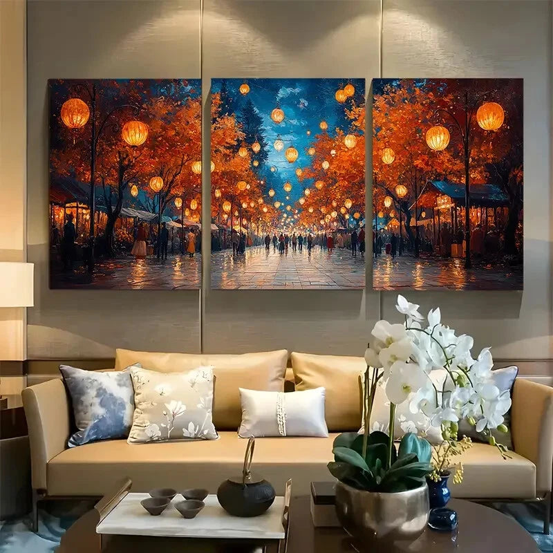 3pcs Market street scene with lanterns and people metal print ready to hang art