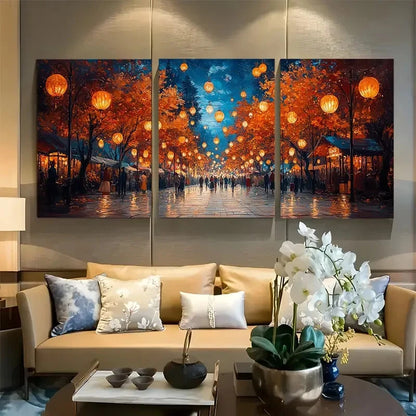 3pcs Market street scene with lanterns and people metal print ready to hang art