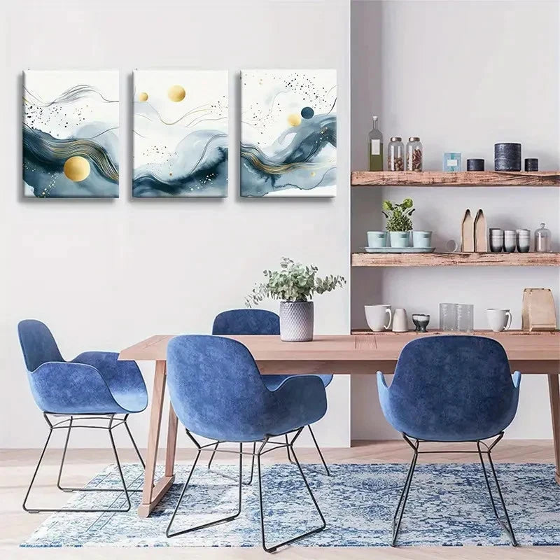 3pcs Abstract Blue and Golden Flowing Wave Metal Print Ready to Hang Art