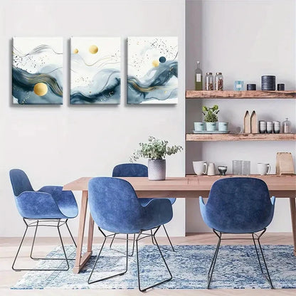 3pcs Abstract Blue and Golden Flowing Wave Metal Print Ready to Hang Art