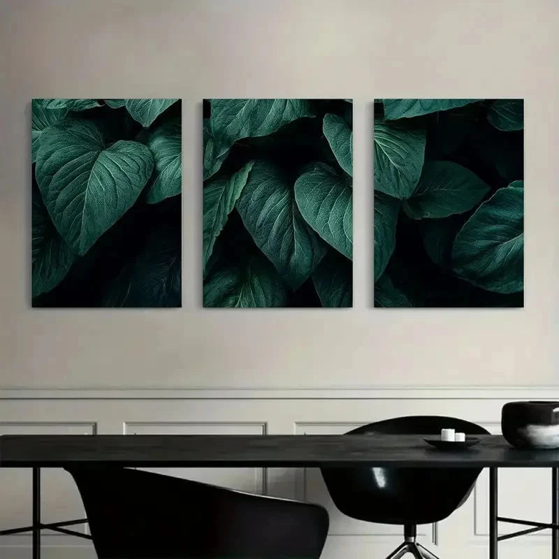 3pcs Botanical Leaf Art Paintings - Dark Green Metal Print Ready to Hang Art