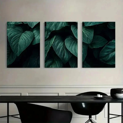 3pcs Botanical Leaf Art Paintings - Dark Green Metal Print Ready to Hang Art