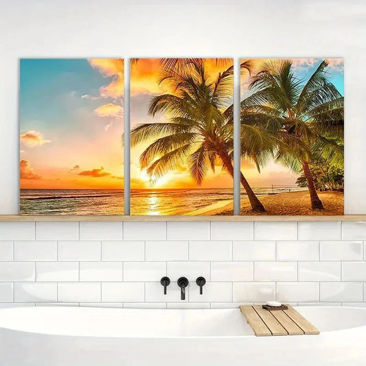3pcs Sea Landscape Modern Wall Art Ocean Sunset Metal Print Ready to Hang Art