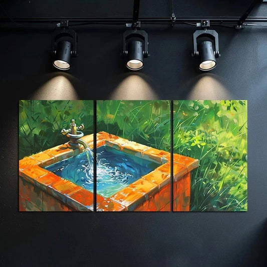 3pcs Small Square Water Tank with Orange Tiles Metal Print Ready to Hang Art