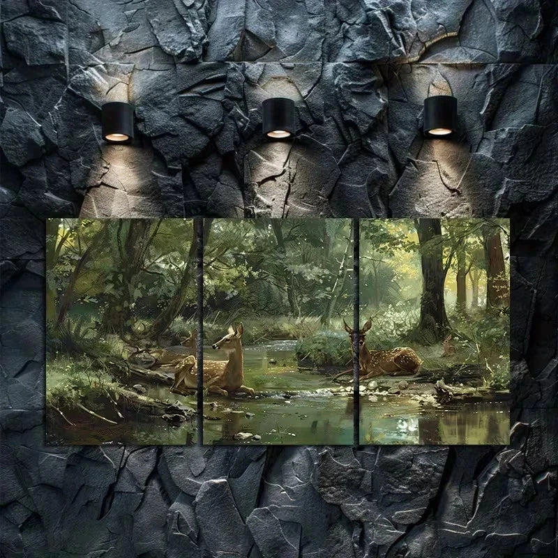 3pcs Forest Deer & Trees Scene Metal Print Ready to Hang Art