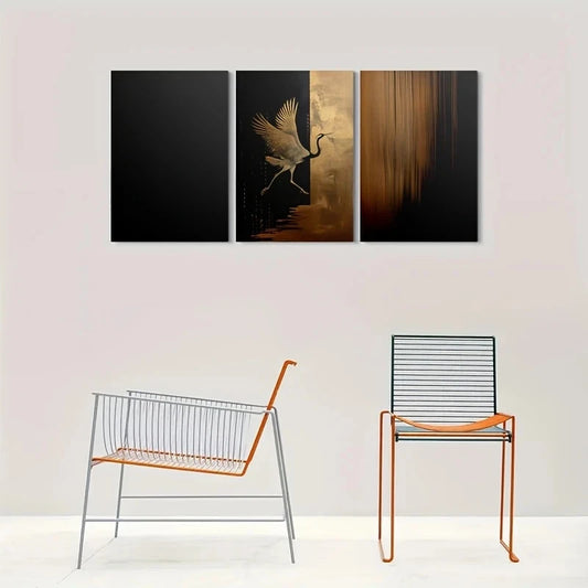 3pcs Black & Golden Crane Abstract Design Metal Print Ready to Hang Art
