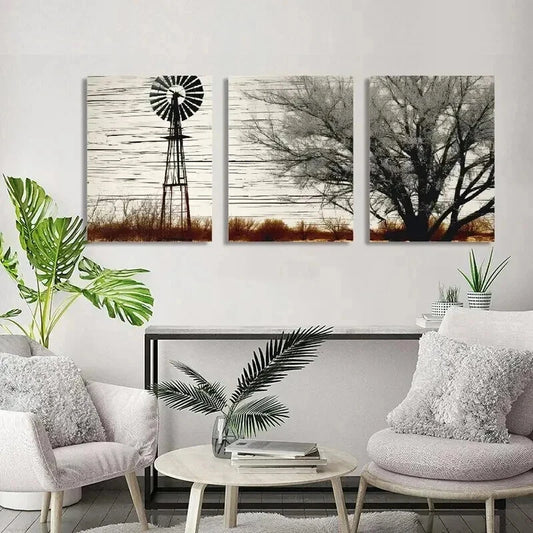 3pcs Rustic Windmill & Trees Orientation Wall Art Set Canvas Framed 40x60cm - High Quality Print 100% Australian Made Wall Canvas Ready to Hang