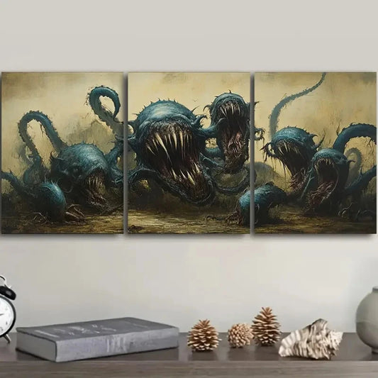 3pcs Tentacle Monster Design Dark Blue Striking Metal Print Ready to Hang Art