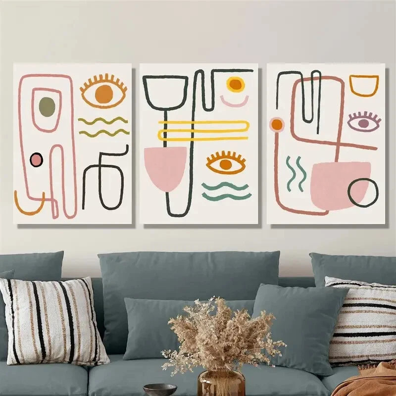 3pcs painting of human face, minimalist line Metal Print Ready to Hang Art