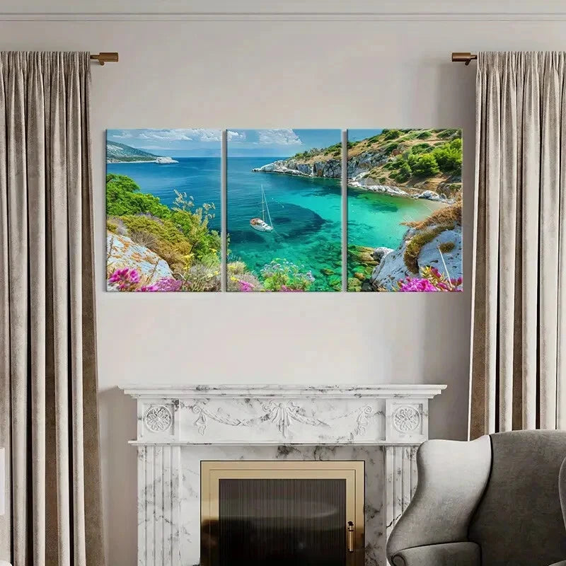 3pcs Seaside Tranquility Sailboat Crystal Metal Print Ready to Hang Art