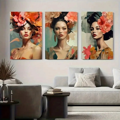 3pcs Floral Headpieces with Beautiful Women Metal Print Ready to Hang Art