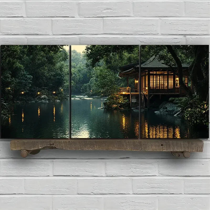 3pcs The Glass House By The River Metal Print Ready to Hang Art