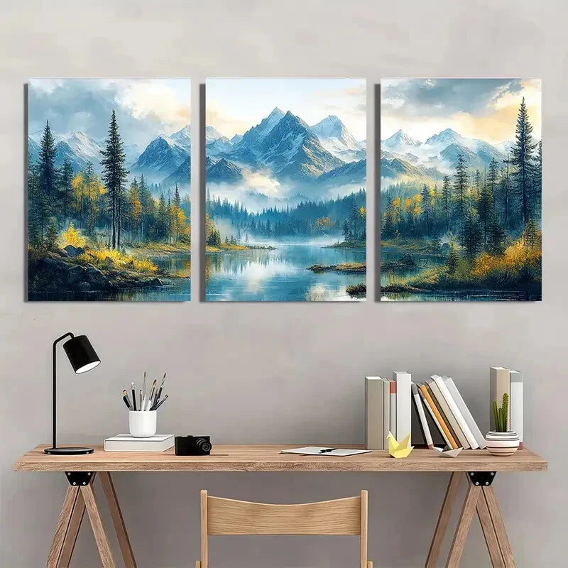 3pcs Mountain Triptych Rustic Forest Landscape Metal Print Ready to Hang Art