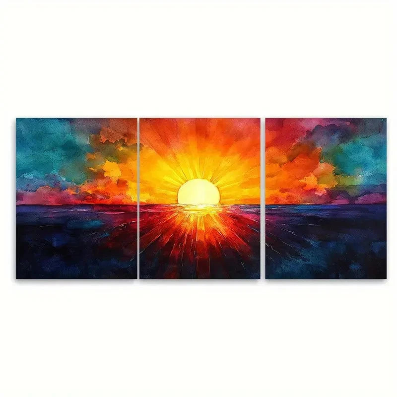 3pcs Abstract Sun Rays Vibrant Illustration Wall Art Set Canvas Framed 60x90cm - High Quality Print 100% Australian Made Wall Canvas Ready to Hang