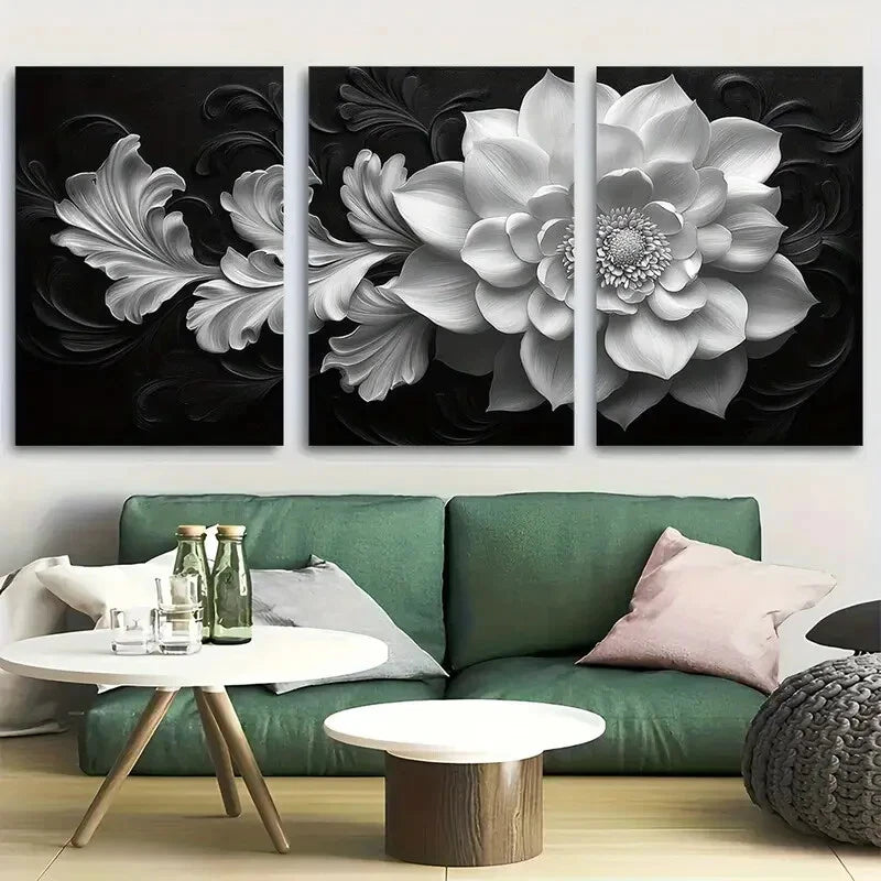 3pcs Black and White Botanical Floral Elegance Metal Print Ready to Hang Art
