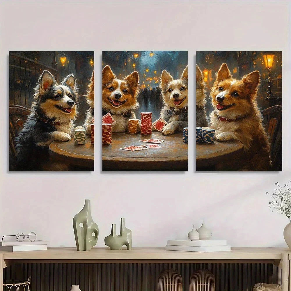 3pcs Dogs Playing Poker Painting Metal Print Ready to Hang Art